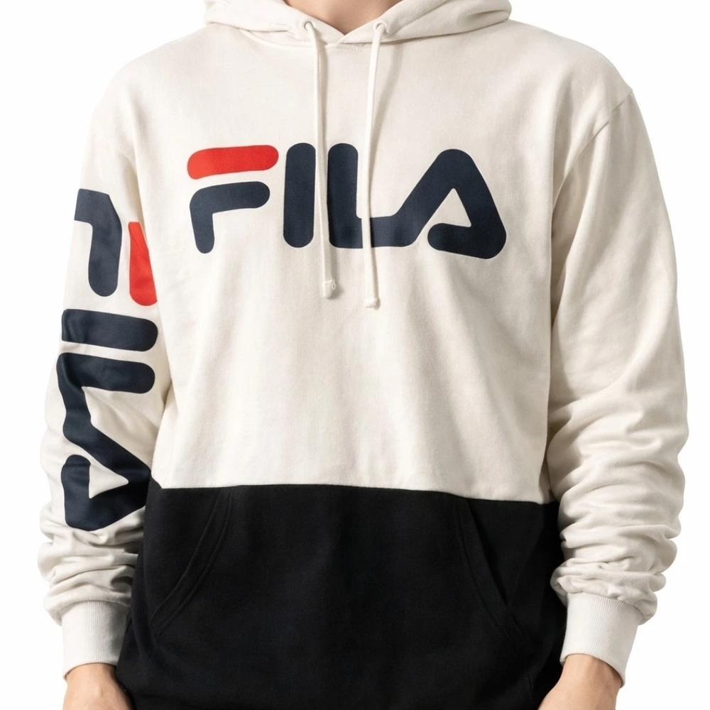 Fila Men XXL Black/ Cream Graphic Hoodie Oversized Street Cottage Y2k